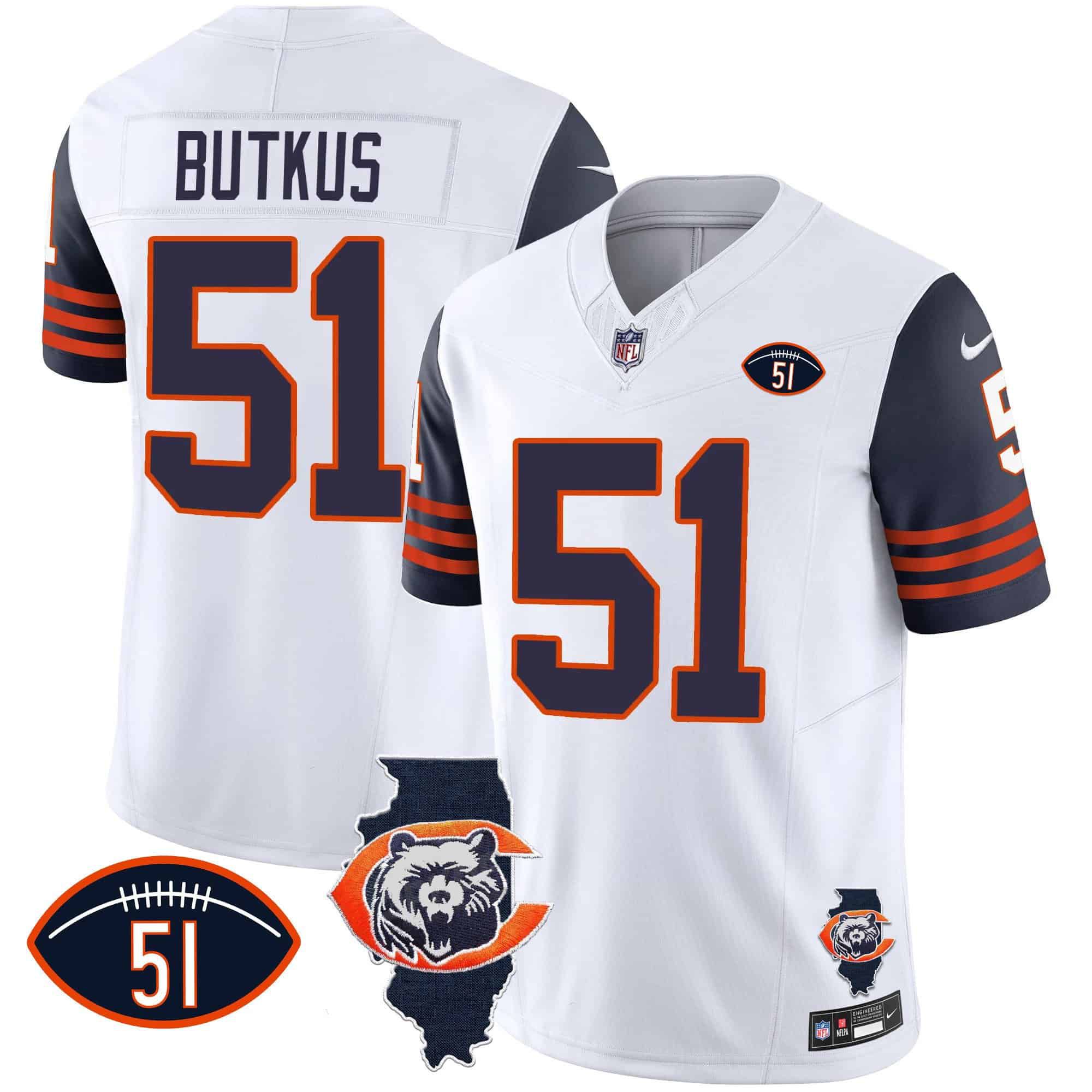 Men Chicago Bears #51 Butkus White 2024 Nike Throwback Illinois Patch Vapor NFL Jersey style 1